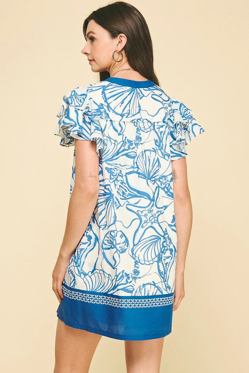 Scallop Shell Printed Tunic Dress - Blue