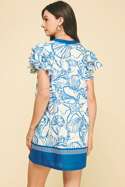 Scallop Shell Printed Tunic Dress - Blue