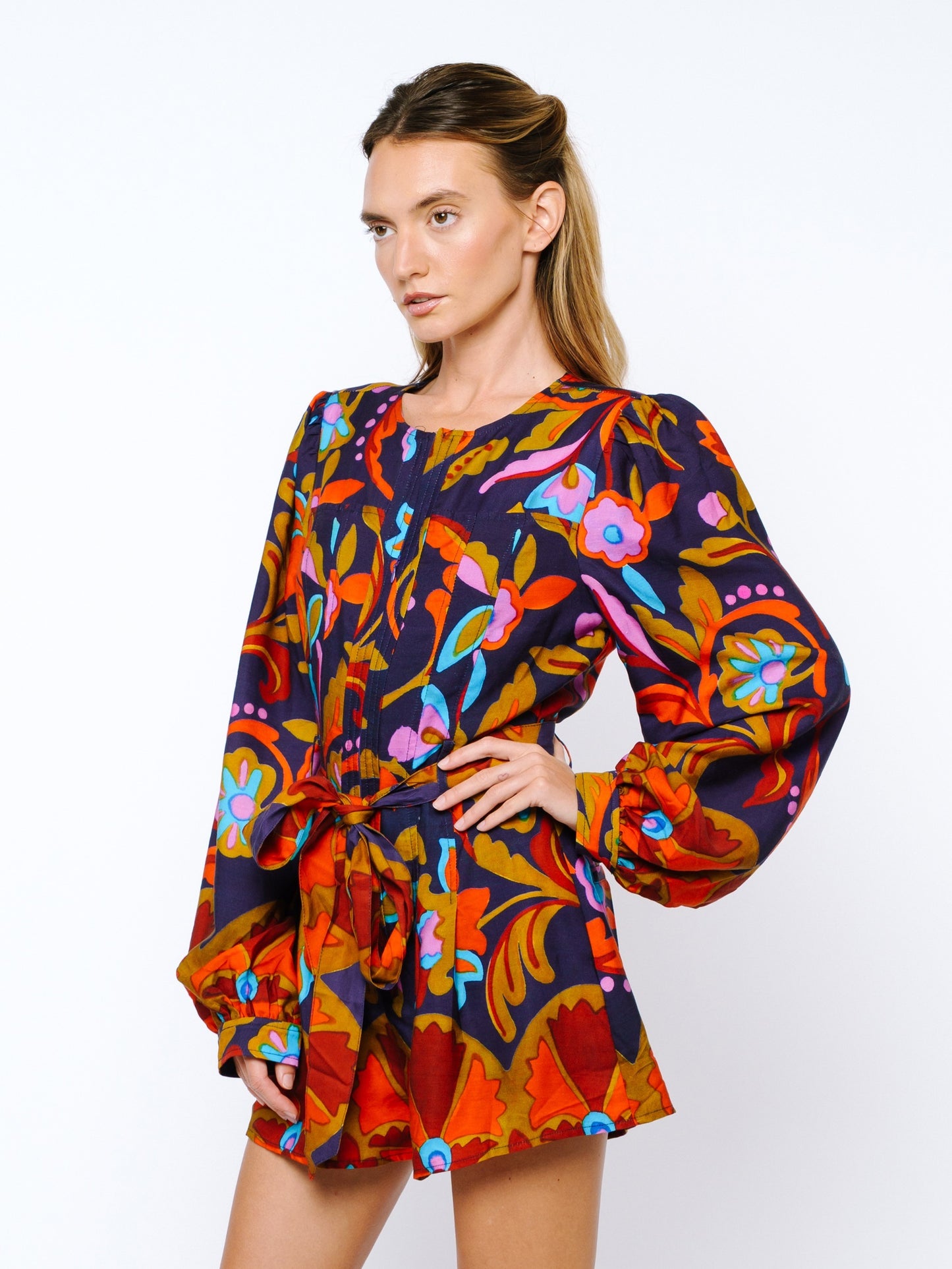 Sophie Belted Long Sleeve Romper - Navy Multi