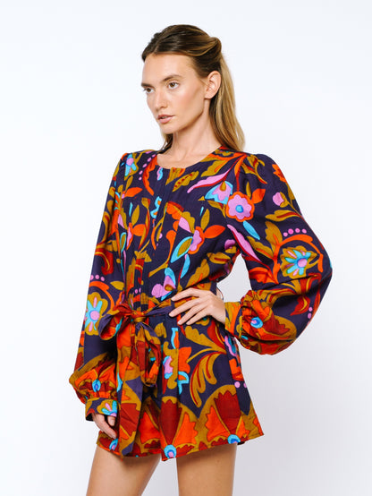 Sophie Belted Long Sleeve Romper - Navy Multi