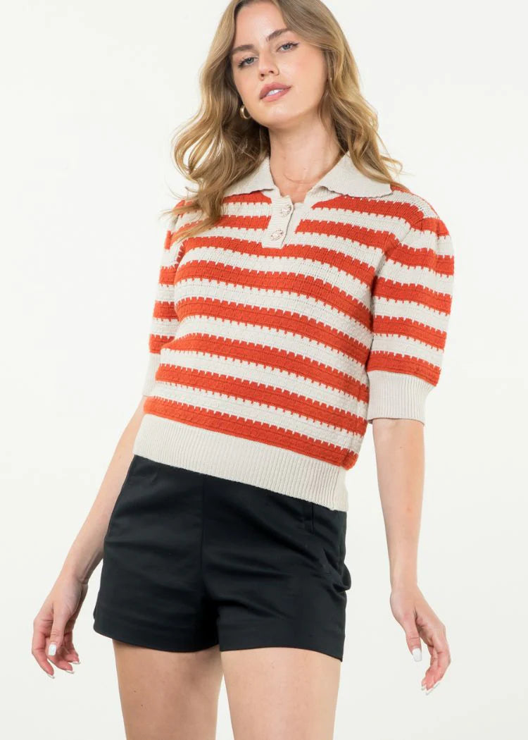 THML - Collared Stripe Knit Top - Cream