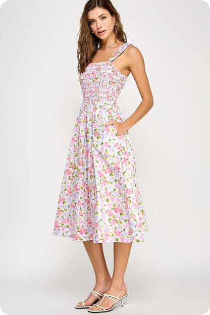 Floral Print Contrast Smocking Midi Dress - Pink Multi