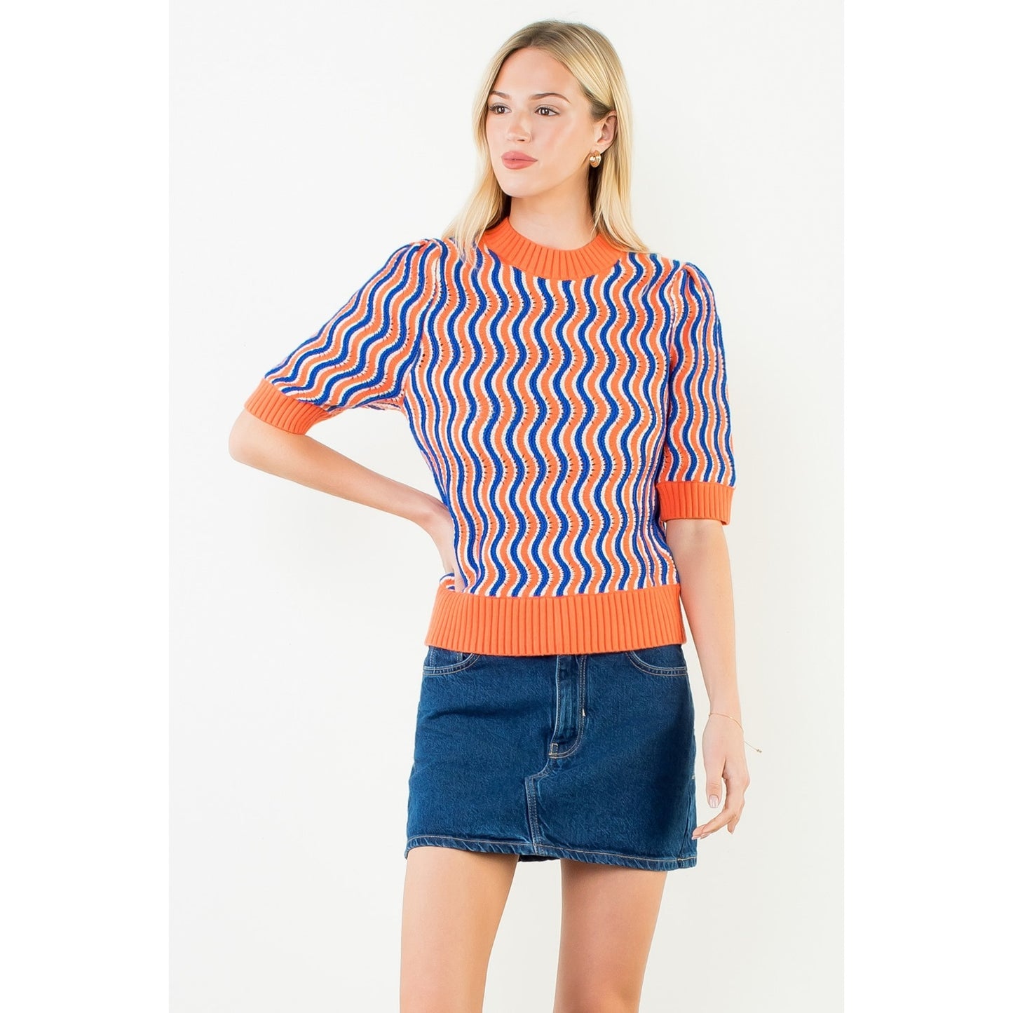Short Sleeve Wavy Striped Top - Orange