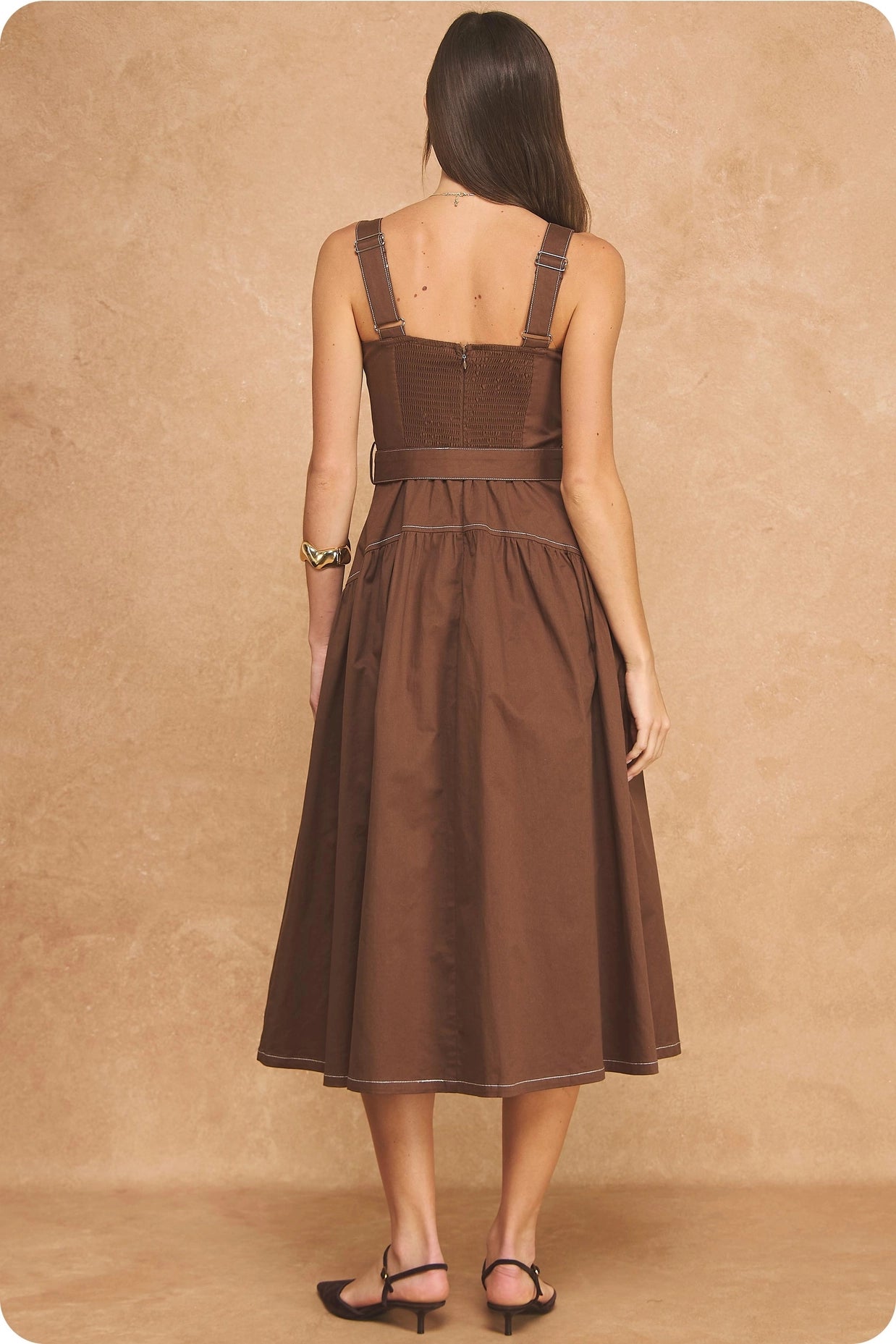 Contrast Top Stitch Sweetheart Belted A-Line Midi Dress - Chocolate Brown