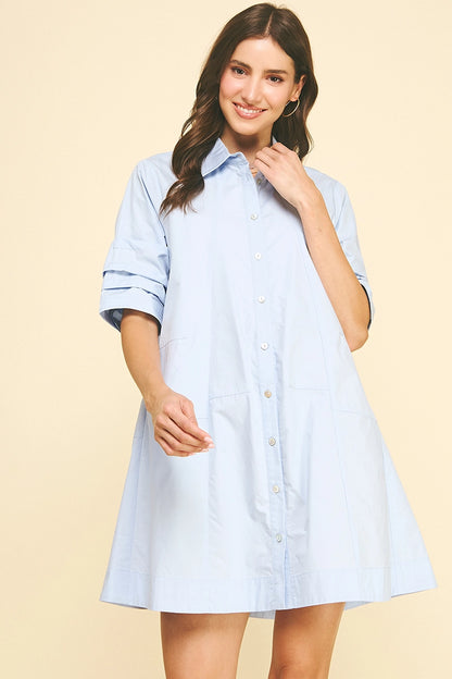 Button Down Poplin Mini Dress - Light Blue