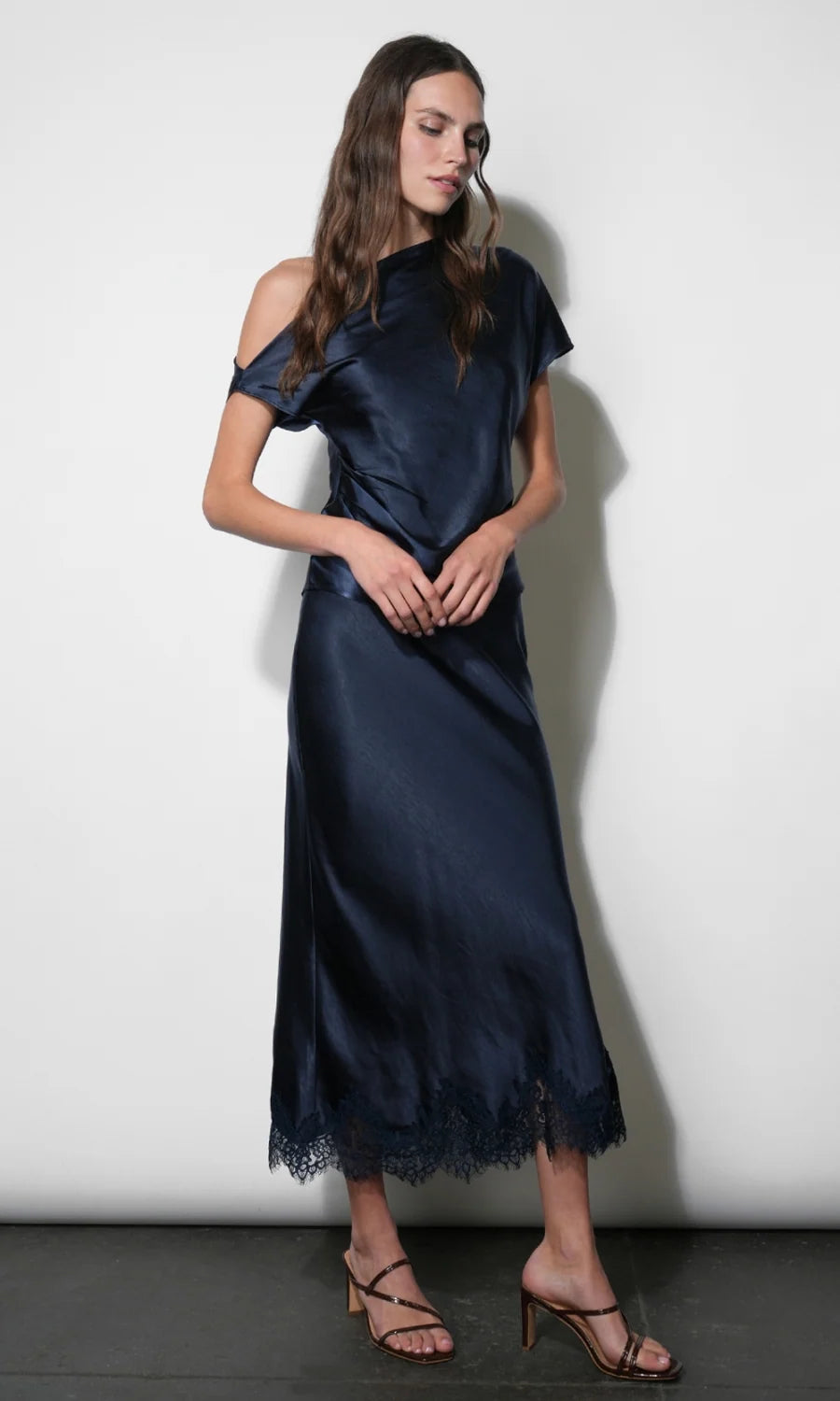 Nellie Asymmetric Satin Draped Off Shoulder Top - Navy