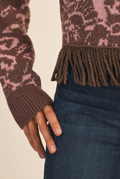 Floral Knit Fringed Sweater Cardigan - Mocha Pink