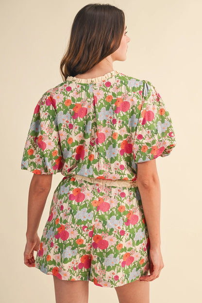 Bubble Sleeve Floral Print Romper - Cream Pink Floral