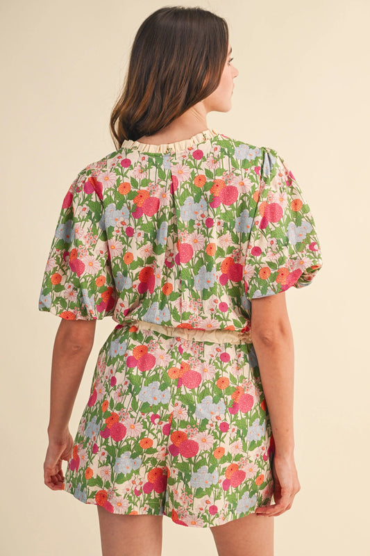 Bubble Sleeve Floral Print Romper - Cream Pink Floral