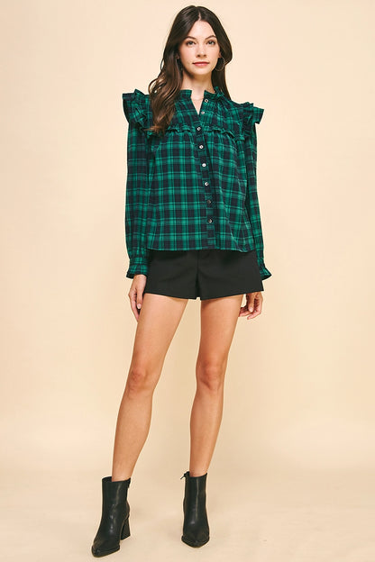 3/4 Sleeves Ruffle Plaid Blouse - Green