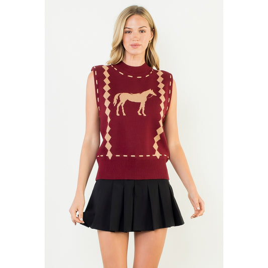 Sleeveless Horse Knit Vest - Burgundy