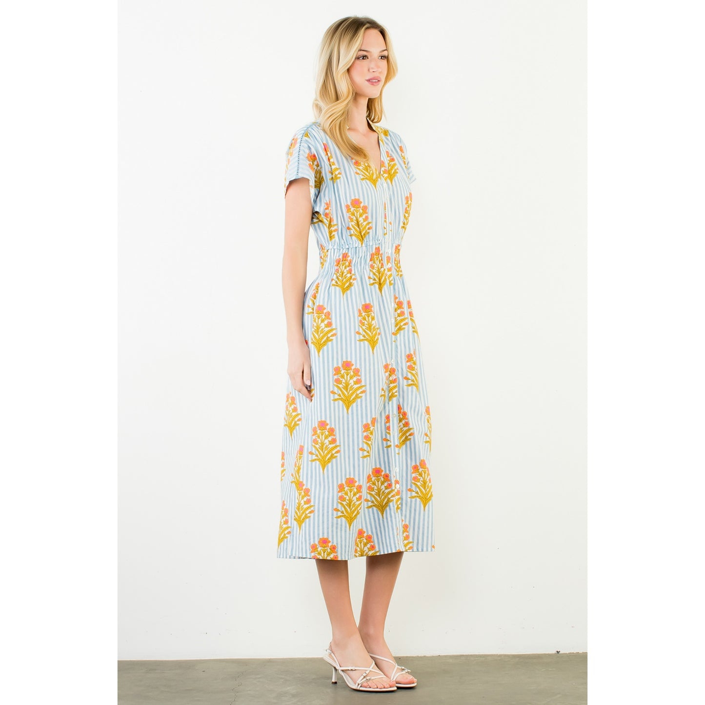 Short Sleeve Floral Striped Print Dress - Blue