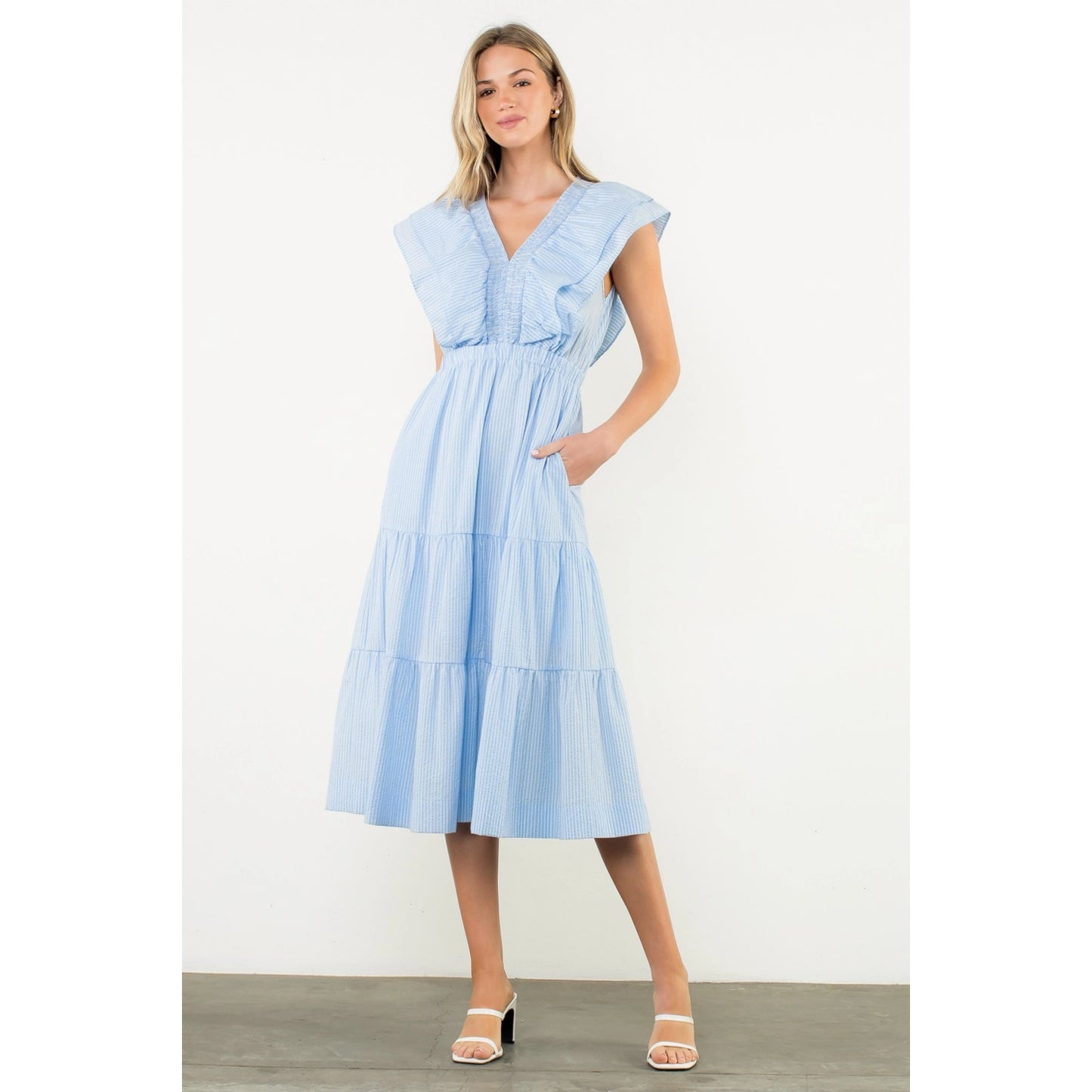 Striped Flutter Tiered Maxi Dress - Light Blue