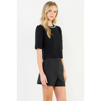 Pearl Neck Line Cropped Top - Black
