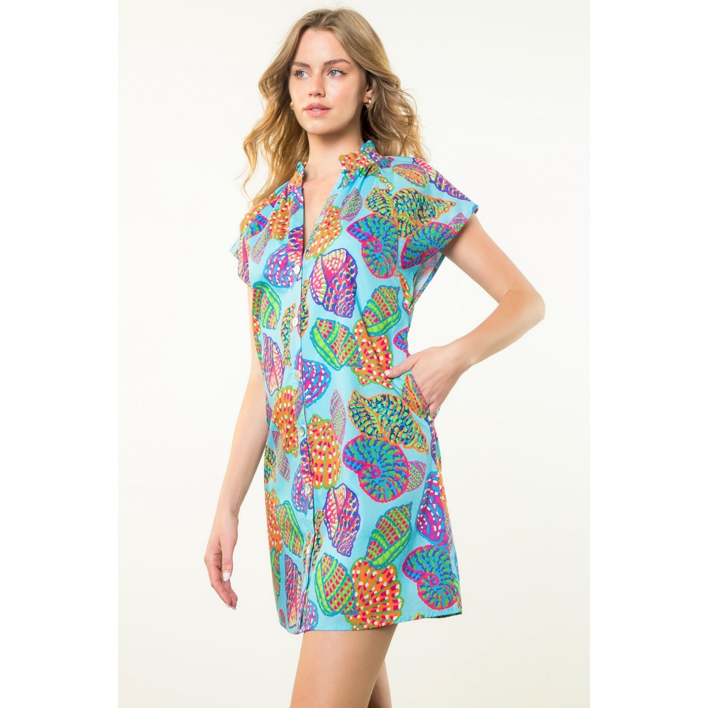 THML - Button Up Print Dress - Blue