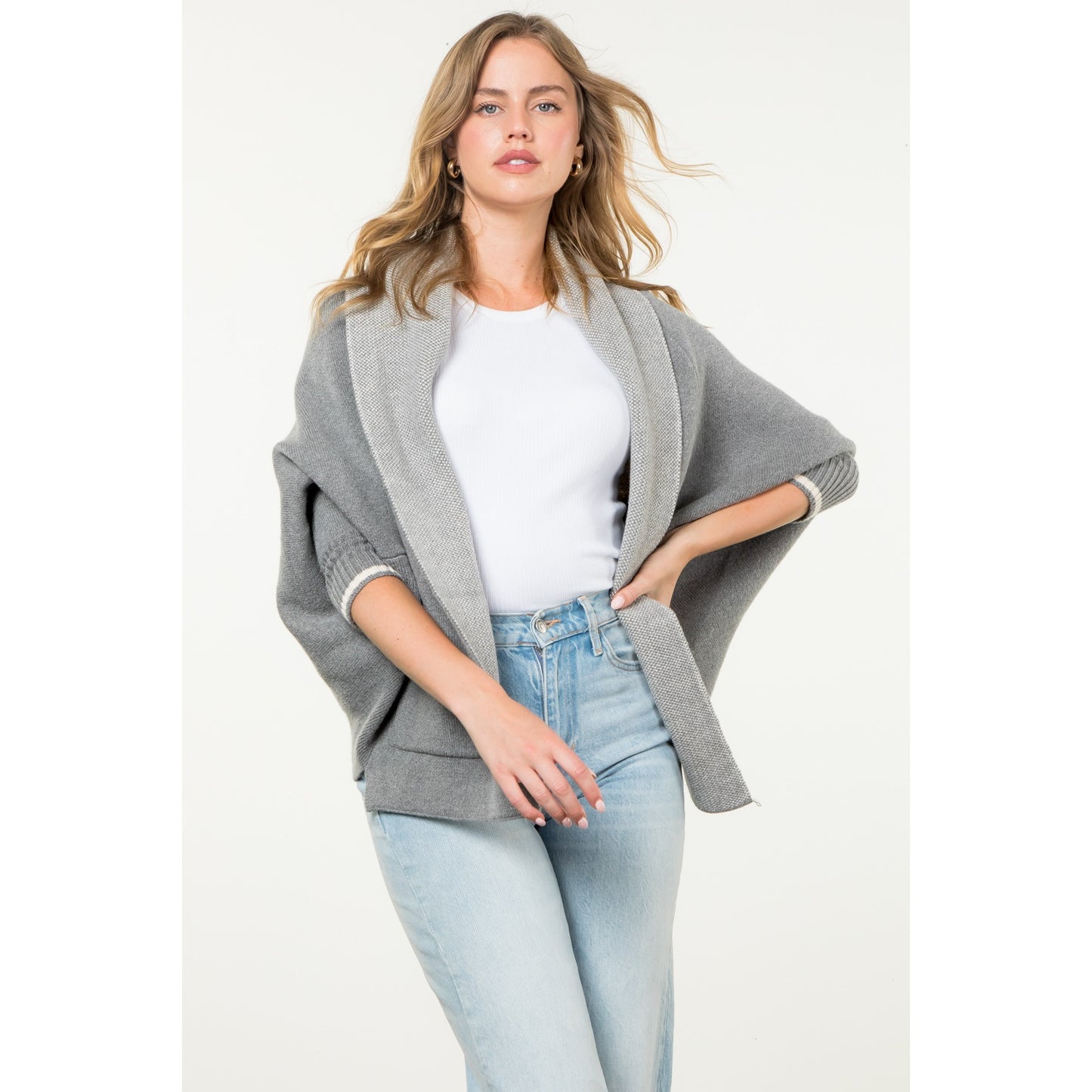 THML - Solid Knit Heart Cardigan - Heather Grey