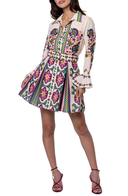 Maris Printed Mini Shirt Dress with Pleats - Cream Multi