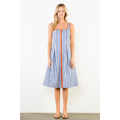 Thin Strap Gingham Pattern Dress - Navy