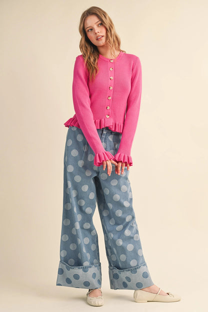 Ruffle Hem Ribbed Knit Sweater Cardigan - Electric Fuchsia