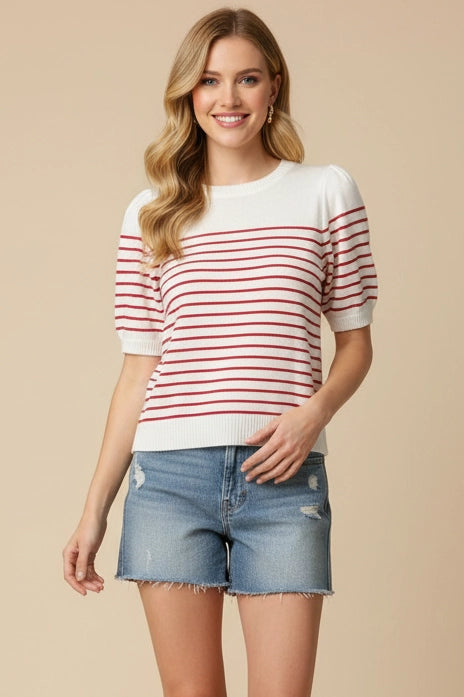 Striped Short Sleeve Sweater - White/Red