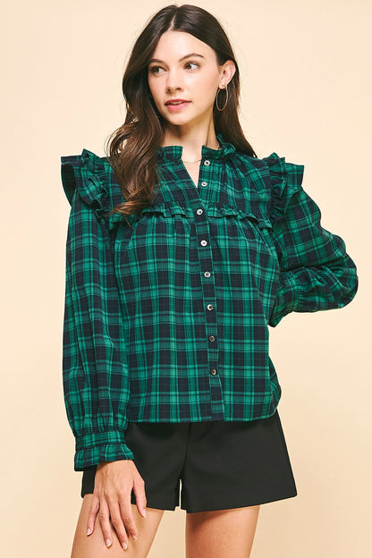 3/4 Sleeves Ruffle Plaid Blouse - Green
