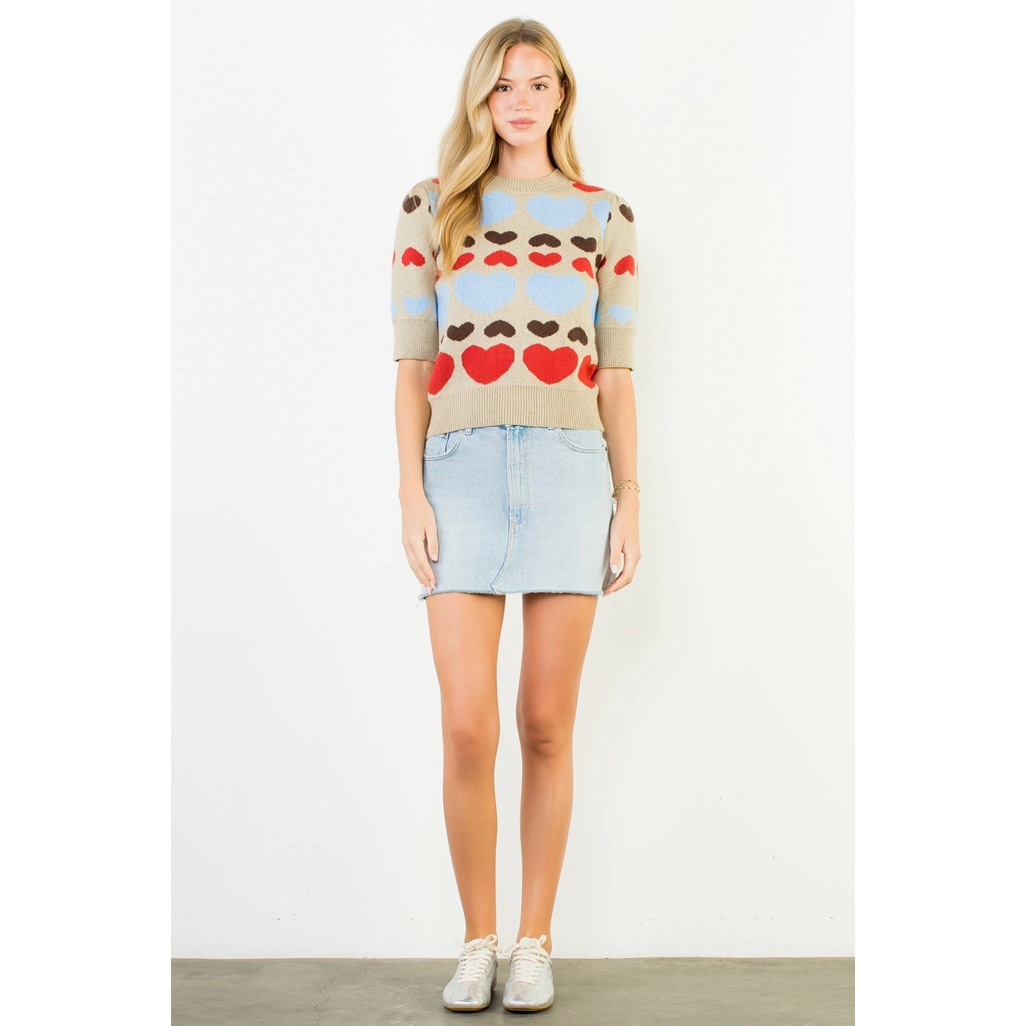 Short Sleeve Heart Knit Top - Taupe