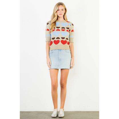 Short Sleeve Heart Knit Top - Taupe