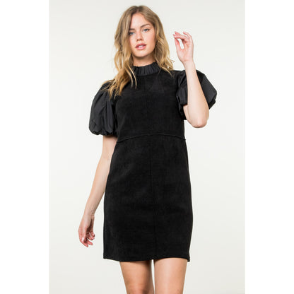 THML - Puff Sleeve Corduroy Midi Dress - Black