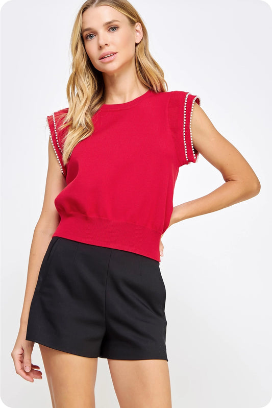 Pearl Trim Sleeveless Knit Sweater Top - True Red
