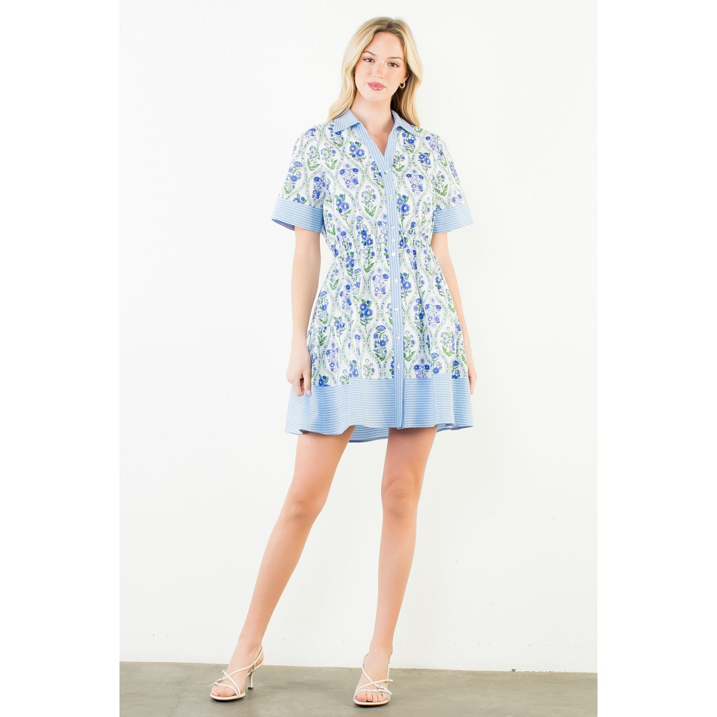 Short Sleeve Button Down Floral Pattern Dress - White