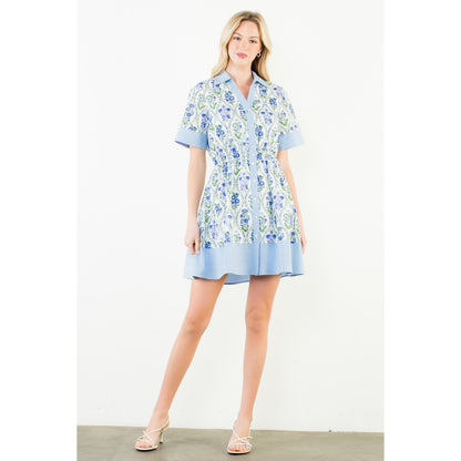 Short Sleeve Button Down Floral Pattern Dress - White