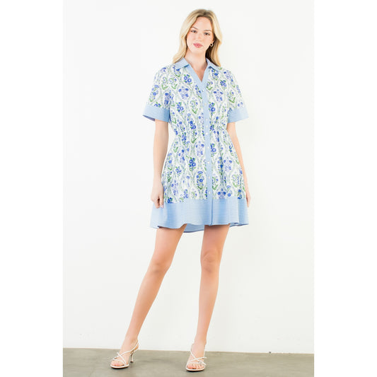 Short Sleeve Button Down Floral Pattern Dress - White