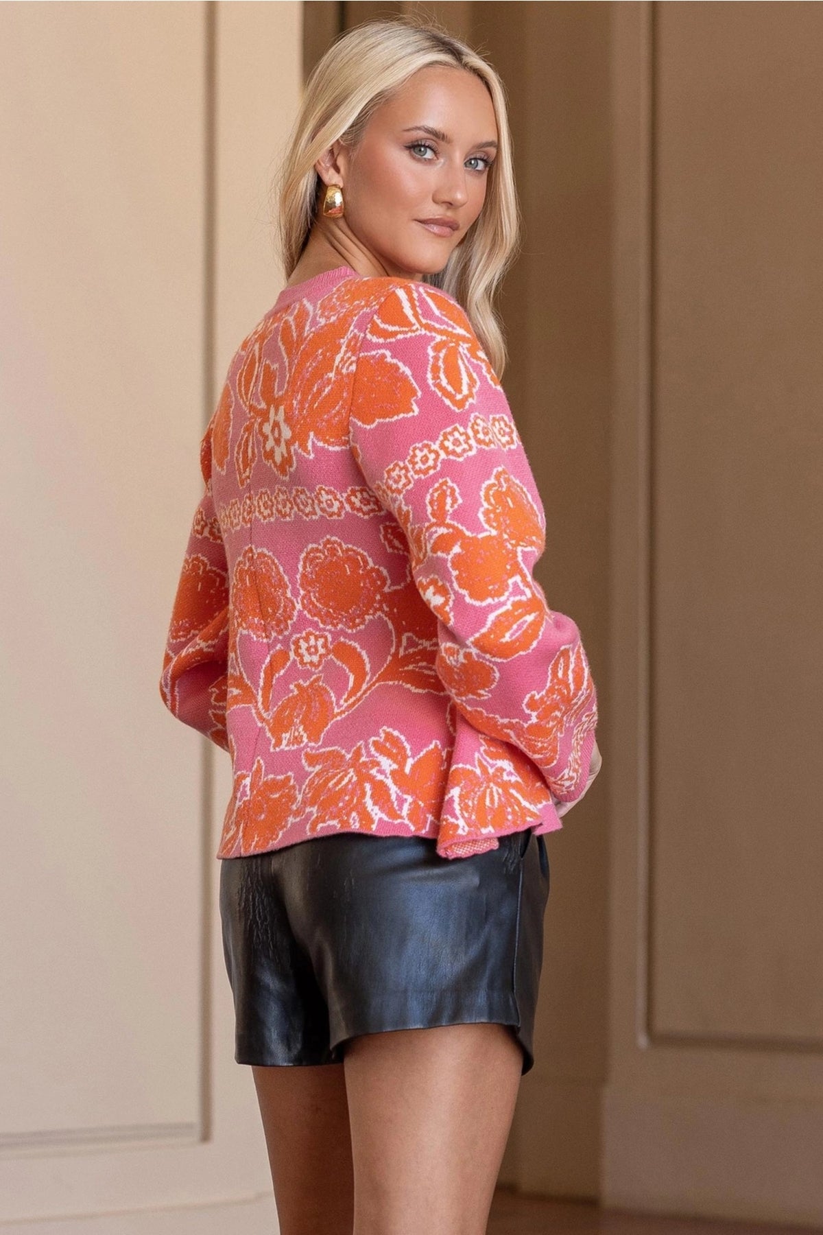 Floral Intarsia Peplum Button Down Cardigan - Pink/Orange