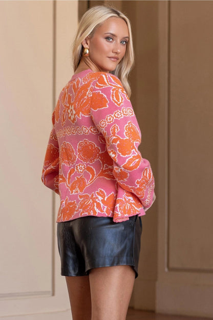 Floral Intarsia Peplum Button Down Cardigan - Pink/Orange