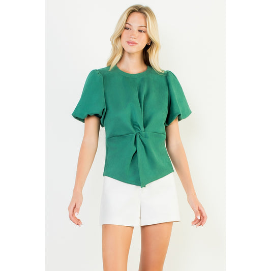 Puff Sleeve Twisted Detail Suede Top - Green