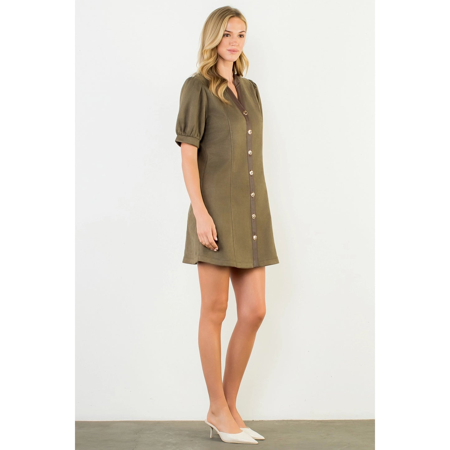 Puff Sleeve V-Neck Button Up Suede Dress - Olive