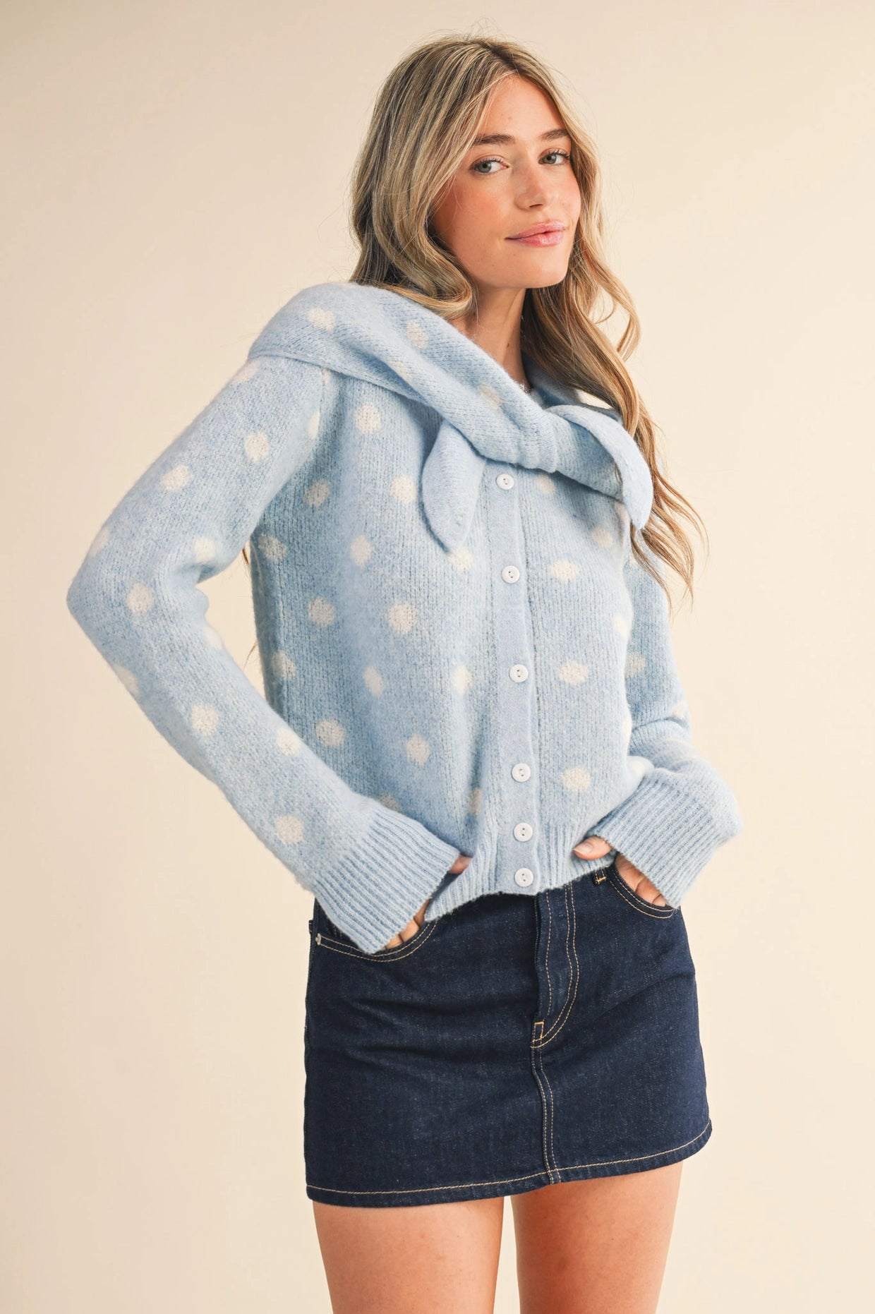 Polka Dot Sweater Cardigan with Detachable Scarf - Sky Blue