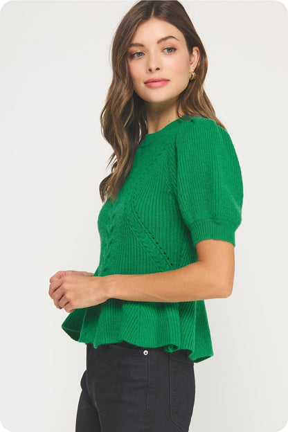 Flared Puff Sleeve Knit Top - Emerald