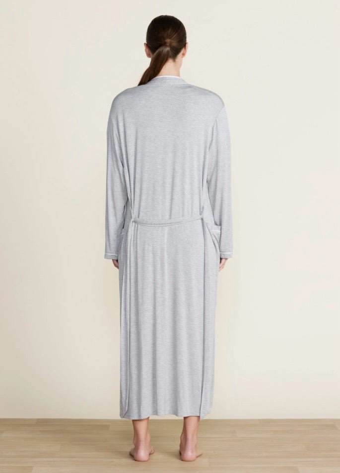 Barefoot Dreams - Malibu Collection Soft Jersey Piped Robe - Heather Gray/White