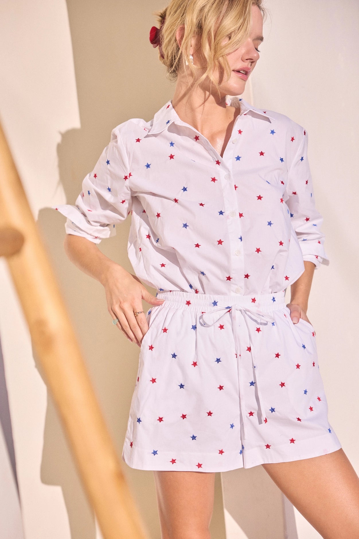 Star Embroidered Striped Button-Down Blouse - White