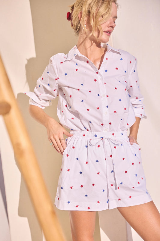 Star Embroidered Striped Button-Down Blouse - White