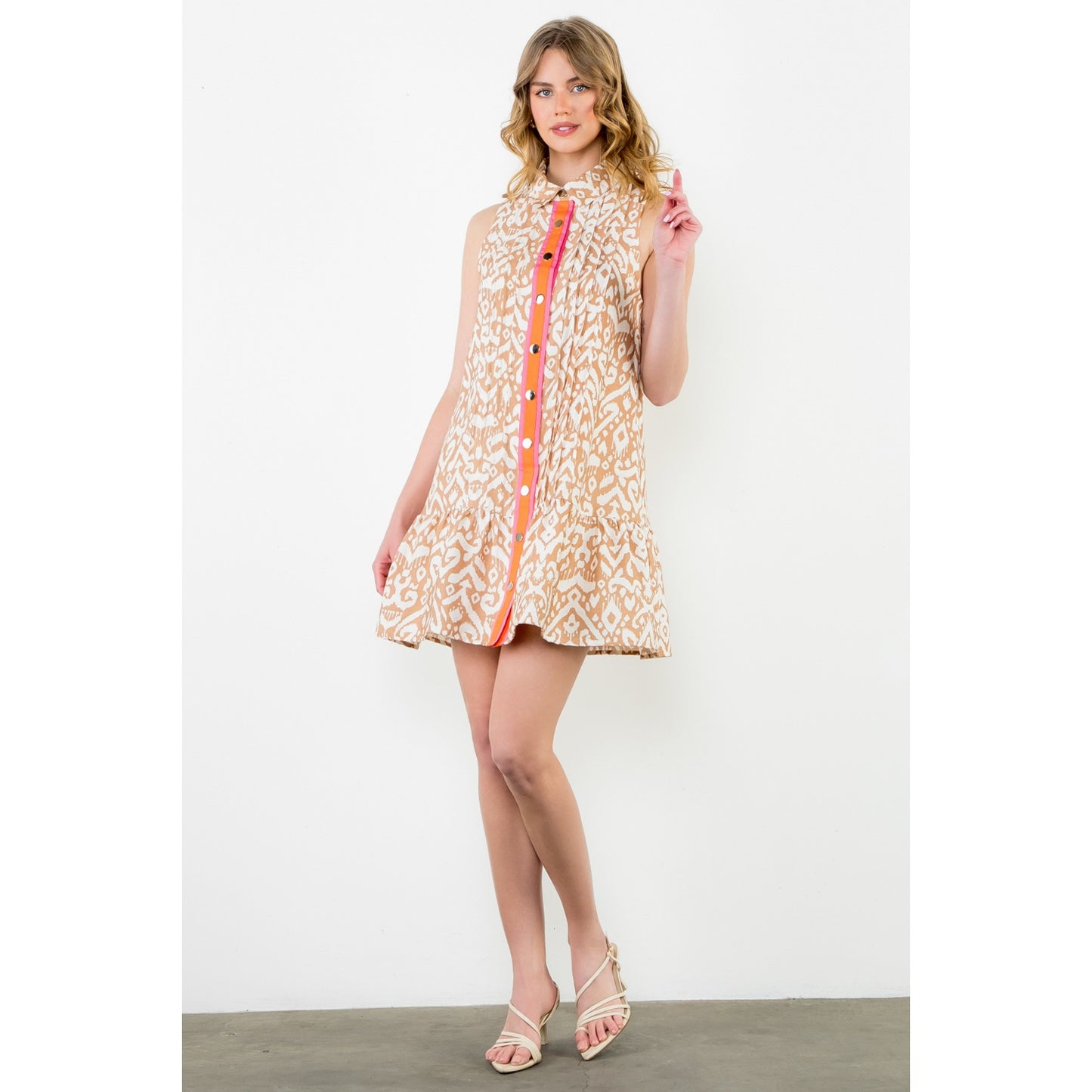 THML - Sleeveless Print Dress - Beige