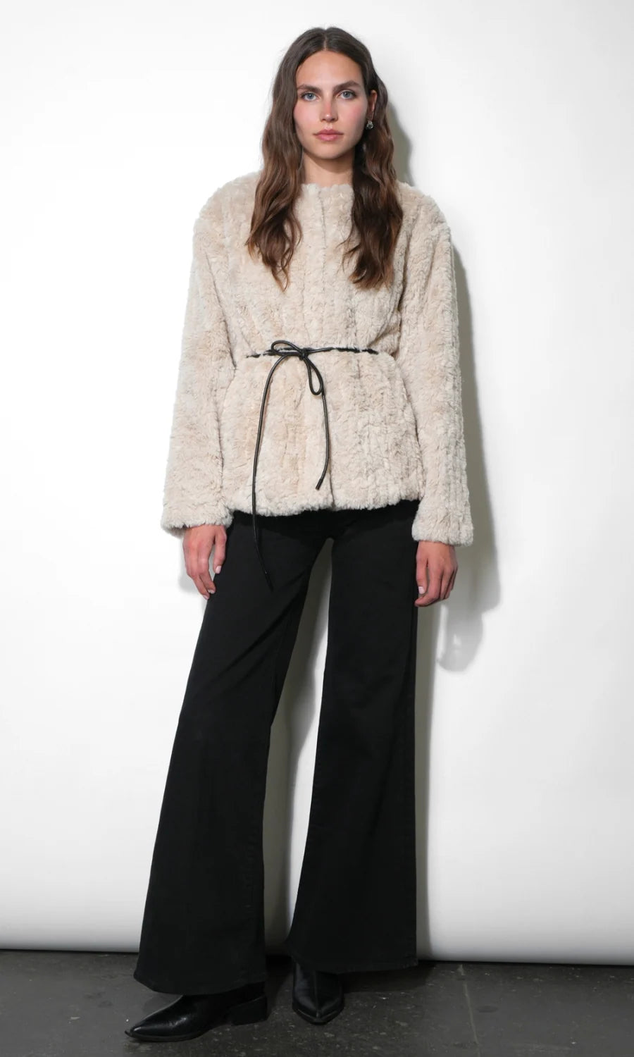 Yuri Collarless Faux Fur Jacket w/Tie Belt - Cream