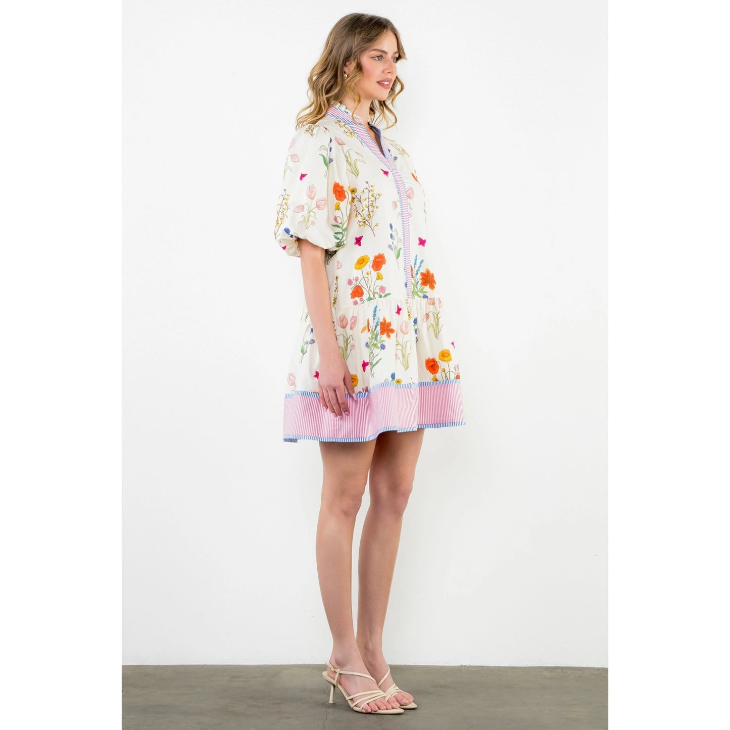 THML - Puff Sleeve Floral Dress - Cream