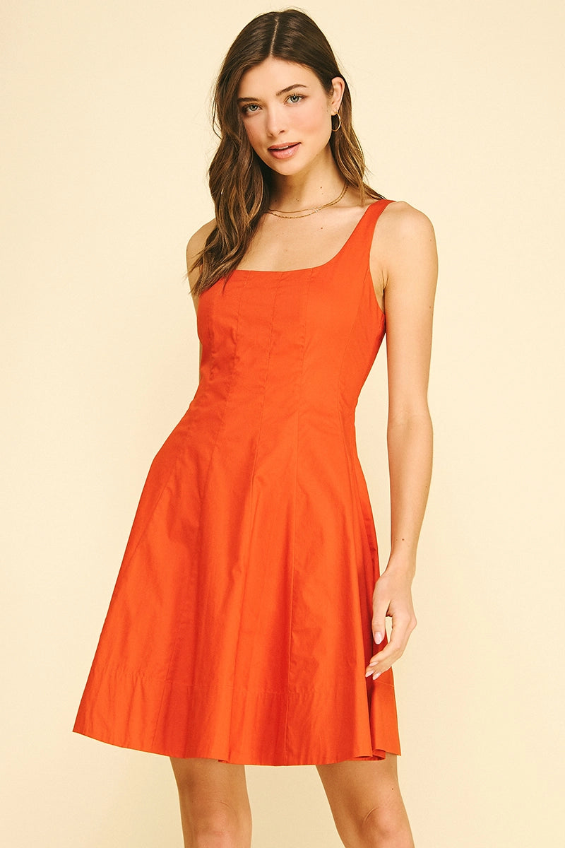 Square Neck Flared Mini Dress - Rust