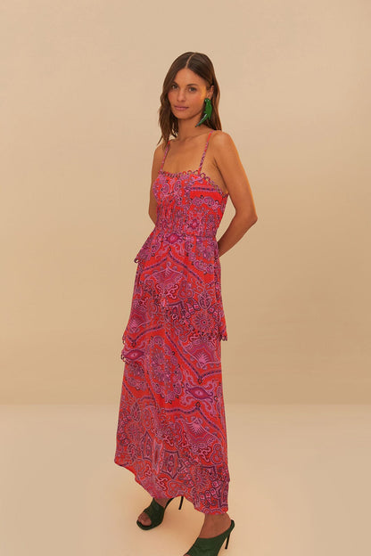 Farm Rio - Red Paisley Scarf Loopy Trim Maxi Dress