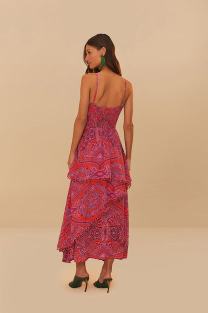 Farm Rio - Red Paisley Scarf Loopy Trim Maxi Dress