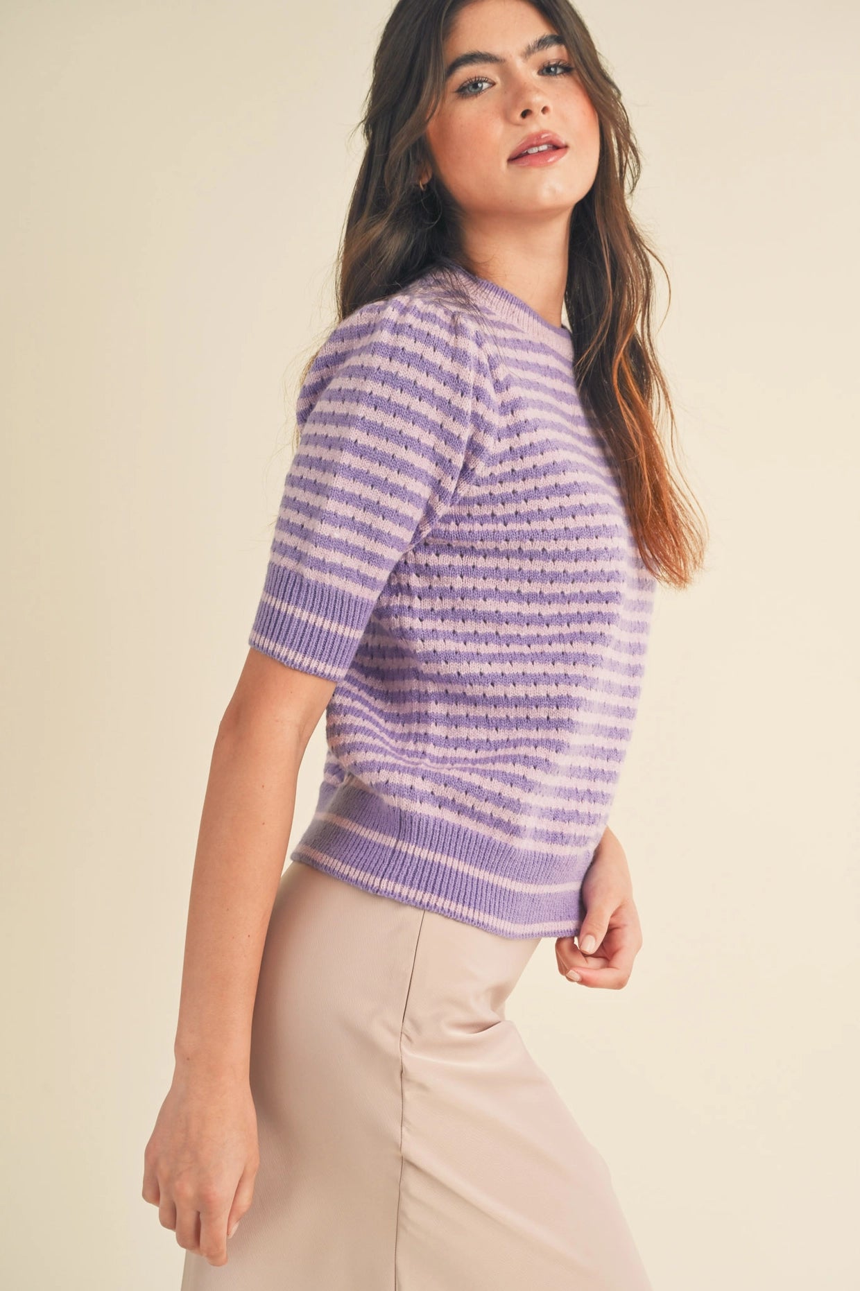 Striped Pointelle Knit Puff Sleeve Sweater - Pink Lavender