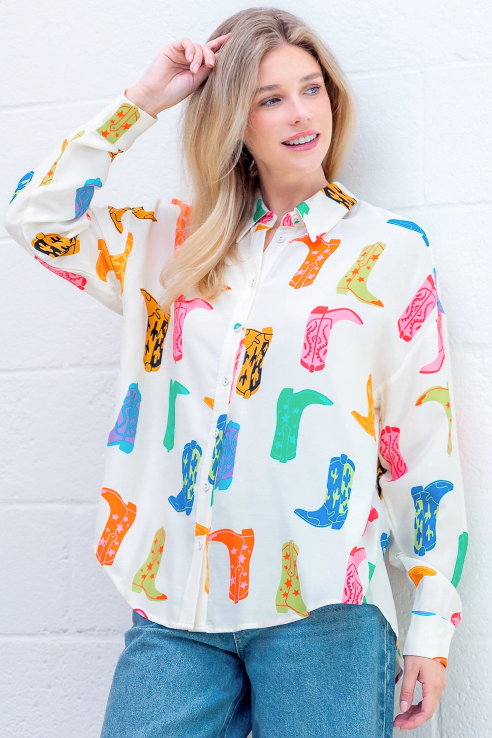 Printed Button Up Long Sleeve Top - Ivory Multi - Spinout