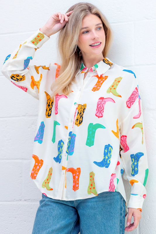 Printed Button Up Long Sleeve Top - Ivory Multi - Spinout